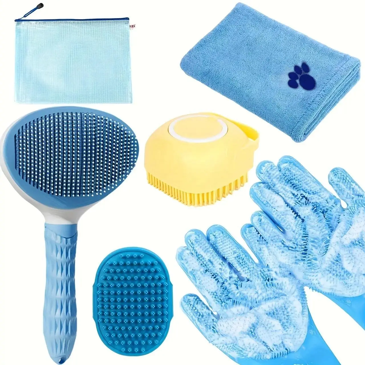 Dog Bath Brush Set, 6 Counts/set Dog Bath Brush & Towel & Gloves & Storage Bag, Pet Paw Grooming Tool Set, Pet Bathing Tool Supplies for Dog & Cat,  Funny Gift