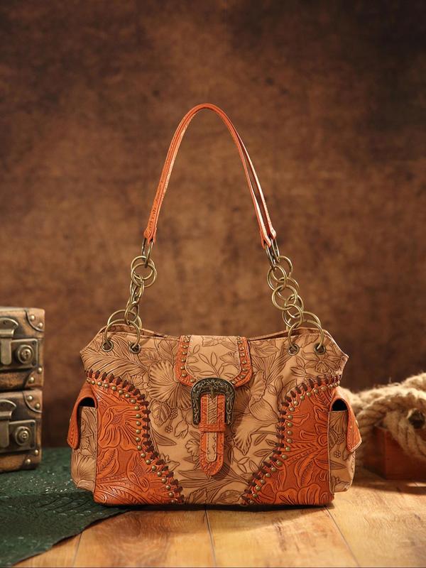 Fashion Vintage Floral Embossed Buckle Decorated Square Bag,  Casual Shoulder Bag for Women, All-match Handbag for Daily Used 1