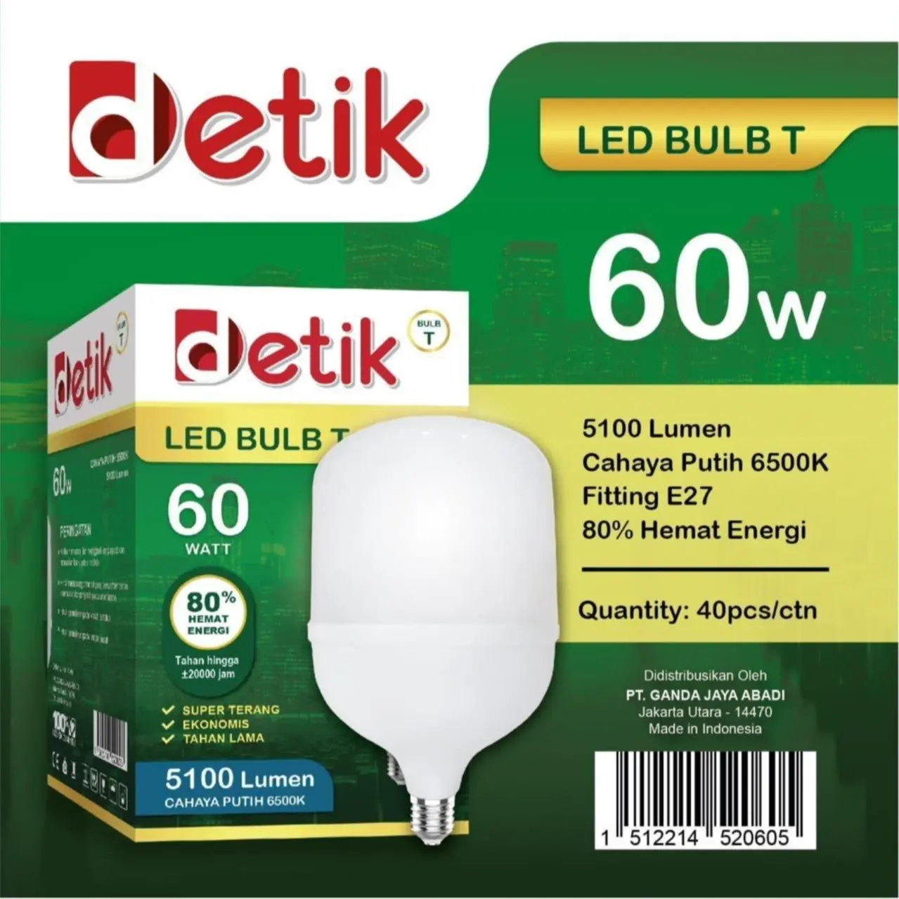DETIK Lampu Bohlam LED BULB T 30 / 40 / 50 / 60 Watt Cahaya Putih Garansi 1 Tahun