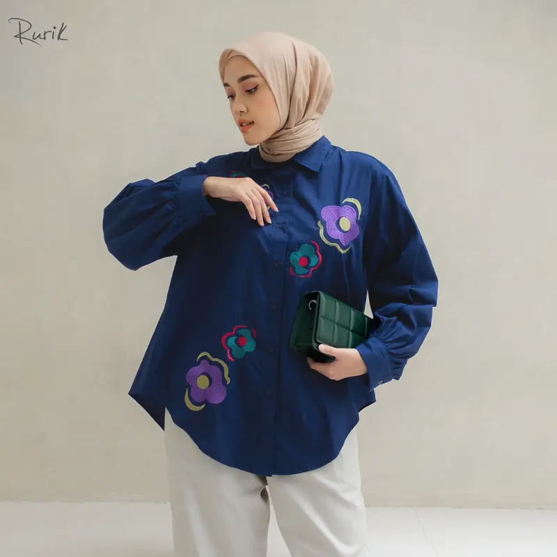 Rurik Flower Embroidery Shirt Kemeja Oversize  atasan  wanita Baju Muslim Nyaman Panjang Airflow 4