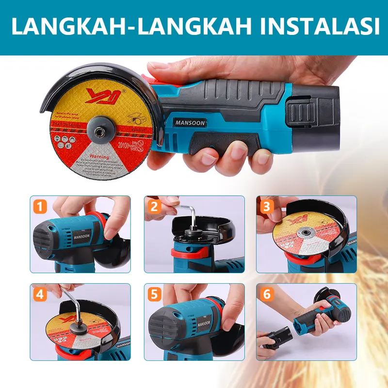 MANSOON Gerinda Sudut Mini 3'' Mesin Gerinda Tangan Alat Pemotong Alat Listrik Penggiling Sudut Nirkabel Angle Grinder 6