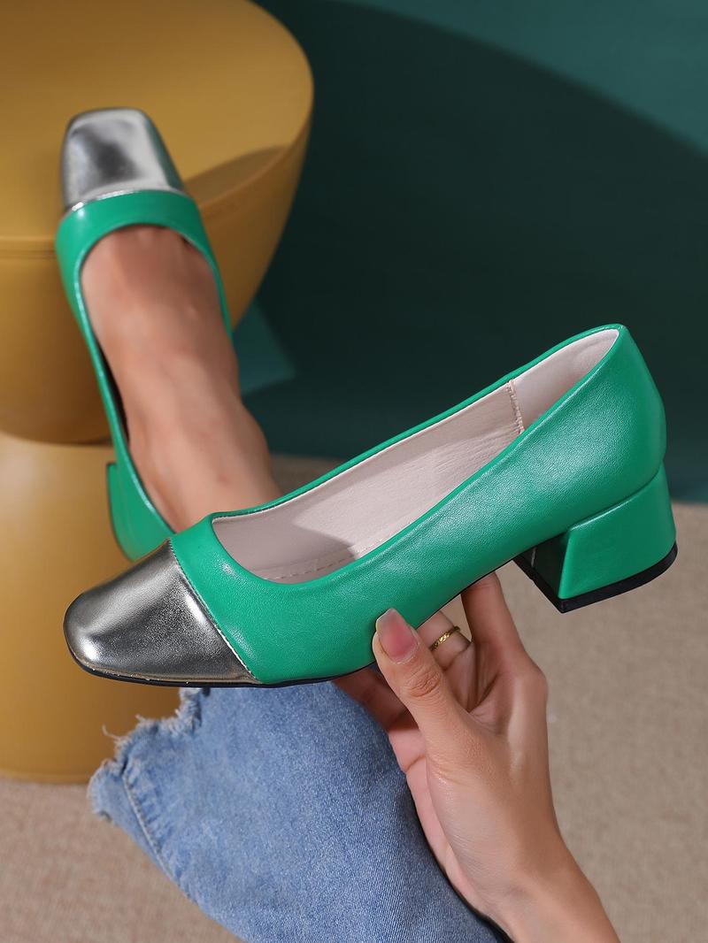 Product Introduction of Women's Fashionable Metallic Square Toe Slip on Heels, Elegant Pointed Toe Low Heel Shoes for Daily Wear, Lightweight Breathable Comfortable Shoes for Women & Girls, Classy 7