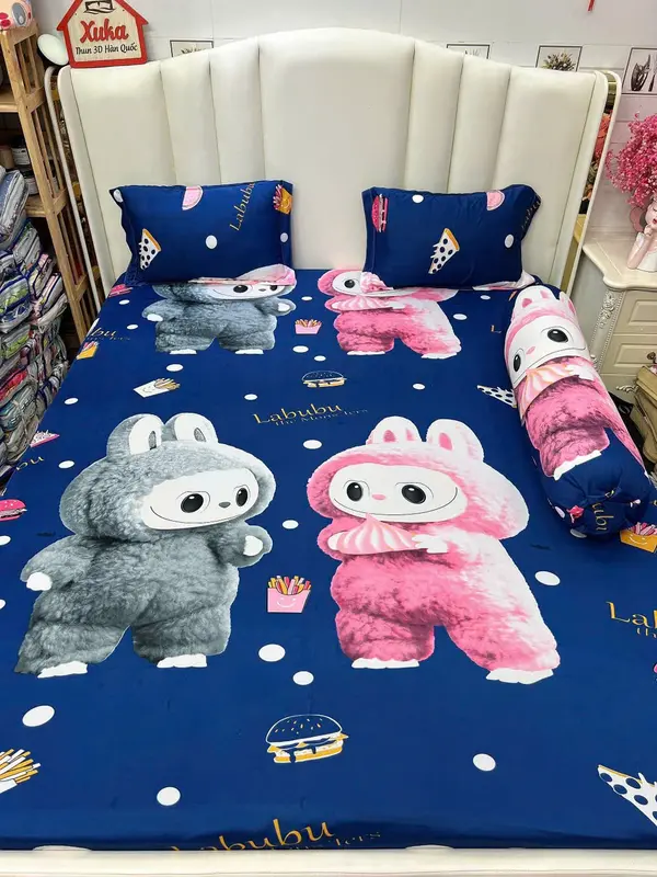 VỎ ÔM KHÓA KÉO - BỘ GA GỐI 4 MÓN - CHẤT THUN 3D HÀN QUỐC- MẪU LABUBU SIÊU HOT 0