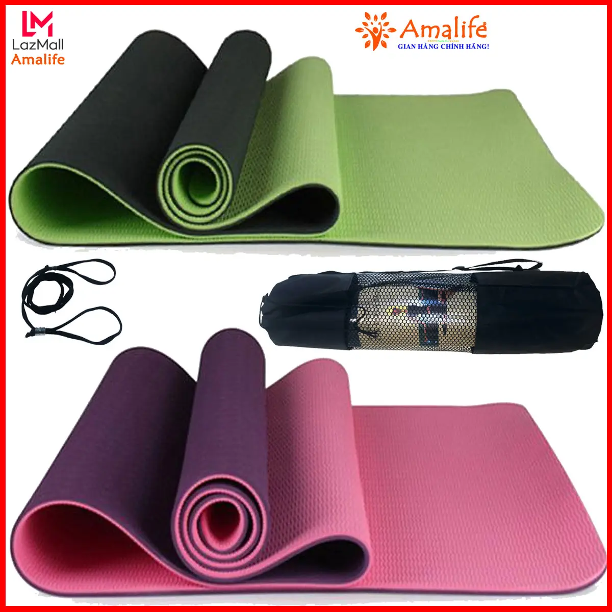Thảm Tập Yoga, Thảm Yoga, Thảm Tập Gym Chính Hãng Amalife 2 Lớp Chọn Màu + Bao Đựng Thảm Tập Yoga + Dây Buộc