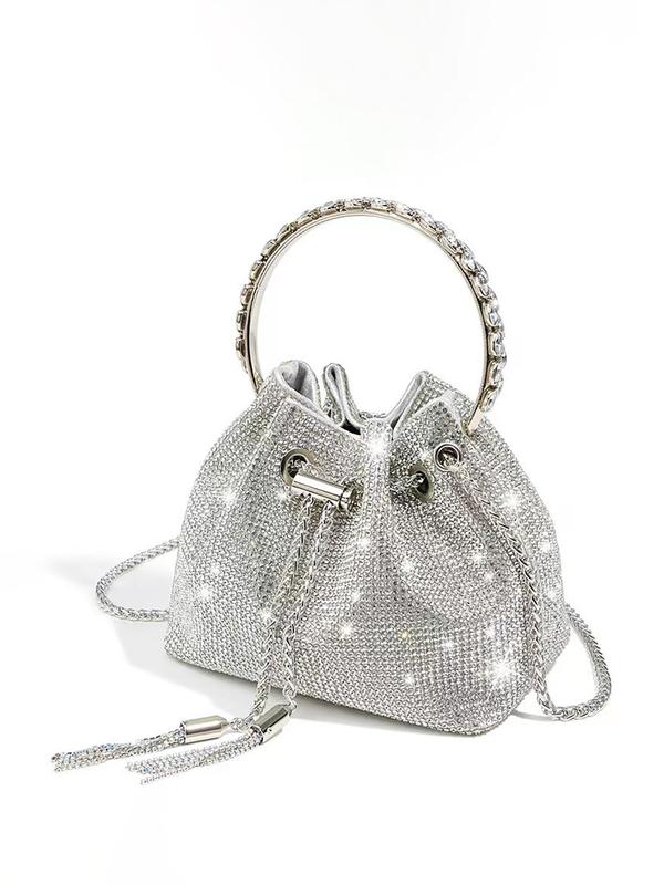 Women's Rhinestone Decorated Evening Bag with Round Top Handle, Elegant Shiny Tassel Chain Drawstring Design Shoulder Bag for Party, All-match Commuter Bag for Work & Daily Used, Valentine's Day Gift for Girl, Ladies Purse 1