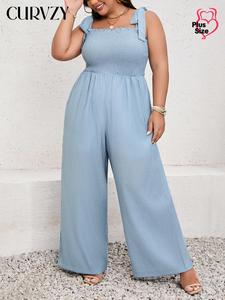 CURVZY Plus Size Frill Trim Shirred Tie Shoulder Wide Leg Jumpsuit, Boho Casual Sleeveless Jumpsuit for Summer, Women's Clothes for Daily Wear
