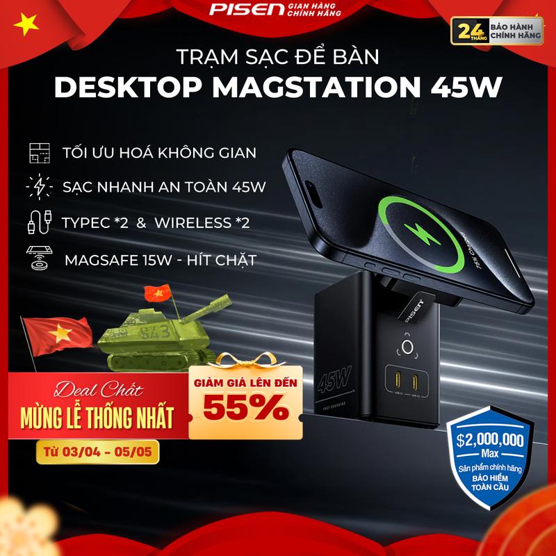 [PISEN] Trạm Sạc Nhanh Để Bàn Đa Năng 4 IN 1 | 4 Cổng Sạc, Kiểm Soát Nhiệt Hiệu Quả, Hỗ Trợ Tất Cả Các Dòng Điện Thoại/Laptop | PISEN PRO Desktop Magstation 45W | TP-C25 | Bảo Hành 12 Tháng | Bảo Hiểm 2 Triệu Đô Toàn Cầu