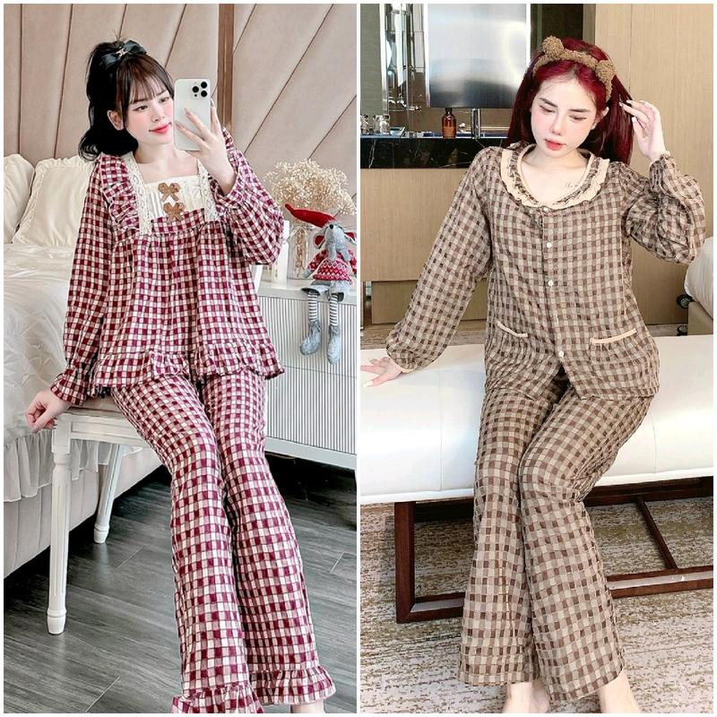Đồ Bộ Mặc Nhà Nữ Quần Dài Tay Dài Áo Cổ Bèo Phối 2 Túi Caro Vải Kẻ Nhung Form Dưới 60kg Women ngủ Tua Rua Quần Ngủ