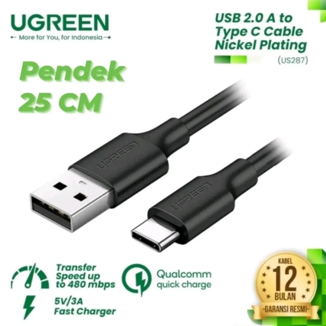 UGREEN Kabel Data Charger USB A to Type C 3A 25cm Fast QC 3.0 - Black