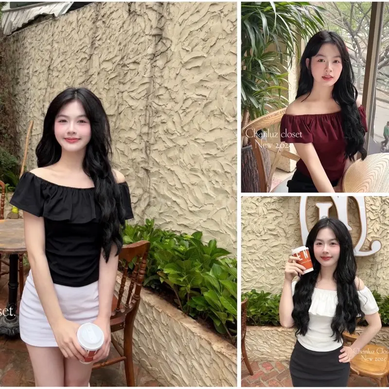 Combo 2 Áo trễ vai bánh bèo croptop 3 màu basic phong cách Hàn Quốc CHANLUZCLOSET - CLS03