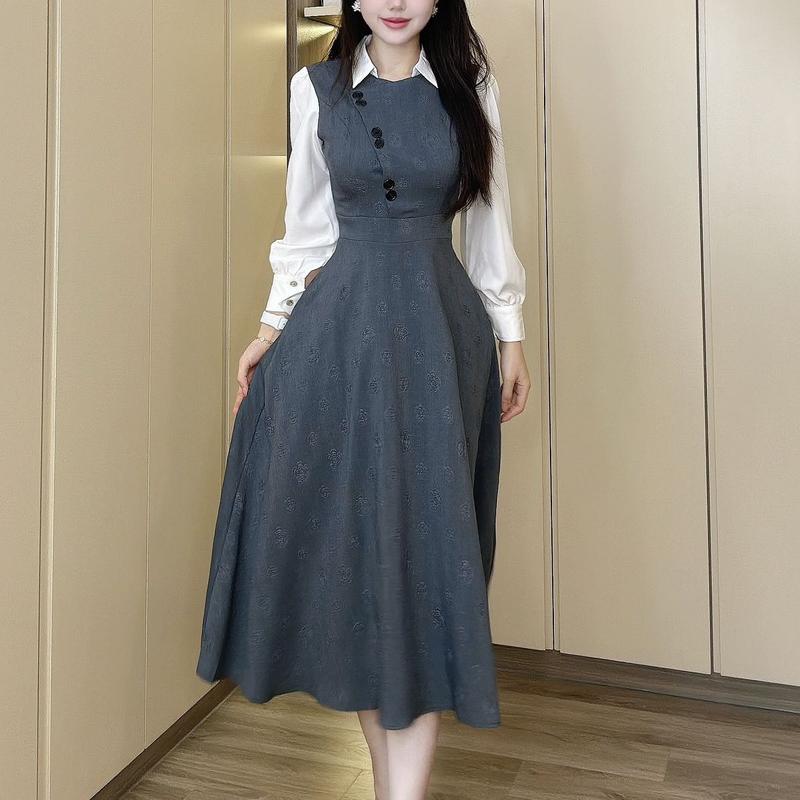Váy thiết kế ED131 cổ sơ mi,thân áo gile cách điệu chân váy xoè tròn,tay dài có khuy cài,chất liệu dập vân hoa trà mát mềm giãn nhẹ,hàng đẹp tặng kèm tag cài và hộp ( Dress Nữ Women)
