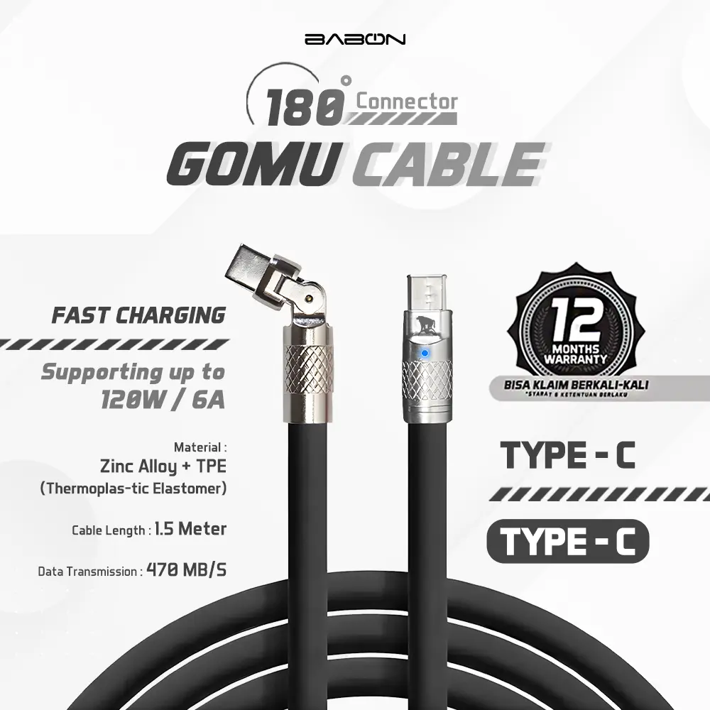 BABON KABEL DATA - KABEL CHARGER GOMU 180 TYPE C TO TYPE C Cable Ponsel