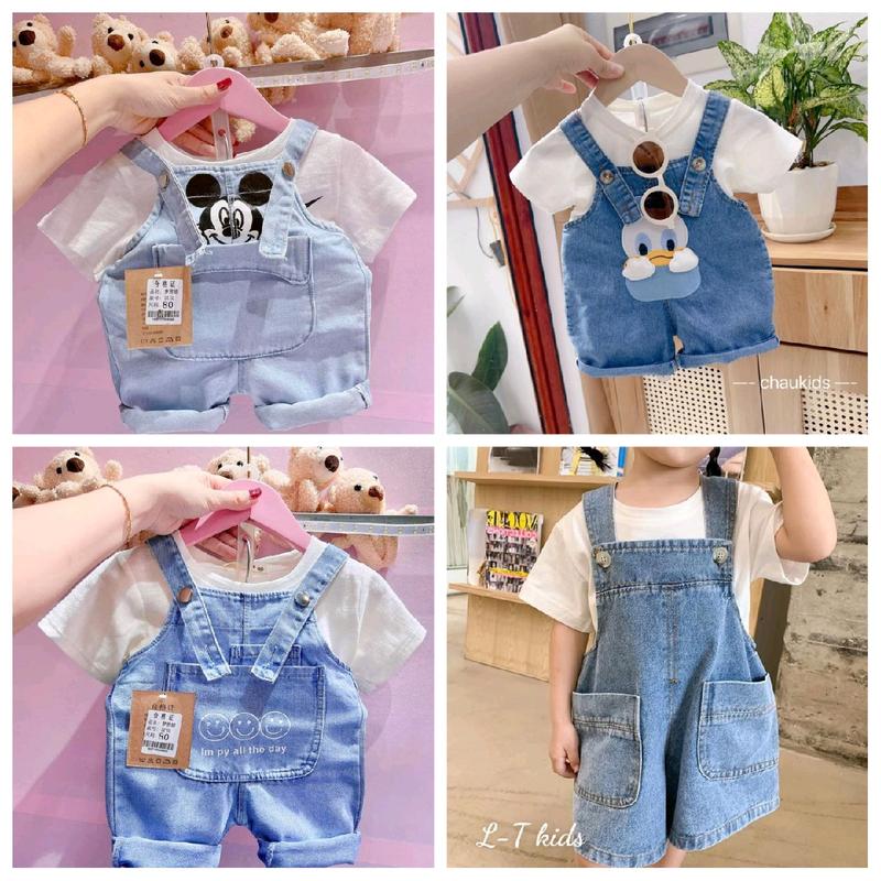 Quần yếm jean lửng hàn quốc kèm áo cho bé trai bé gái 6_18kg bososinh