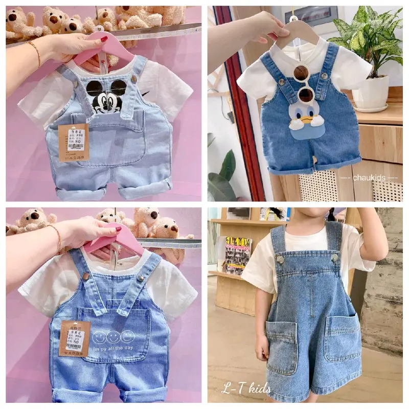 Quần yếm jean lửng hàn quốc kèm áo cho bé trai bé gái 6_18kg bososinh 0