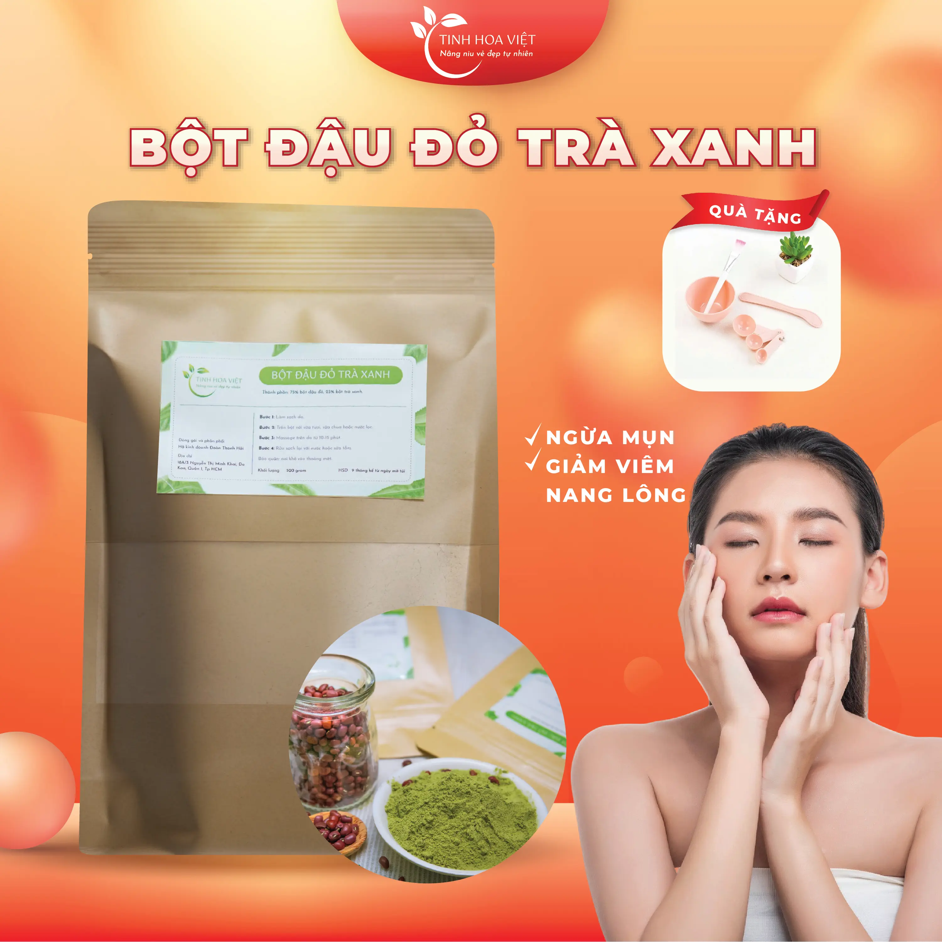 Bột đậu đỏ trà xanh ngừa mụn giảm thâm tẩy tế bào sáng da 500g tinhhoaviet
