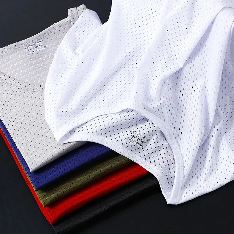 Summer Men's Short-Sleeved T-shirt Ice Silk Mesh Breathable Quick-Drying Sports Hollow-out plus Size Half-Sleeve Slim Fit Trendy Thin