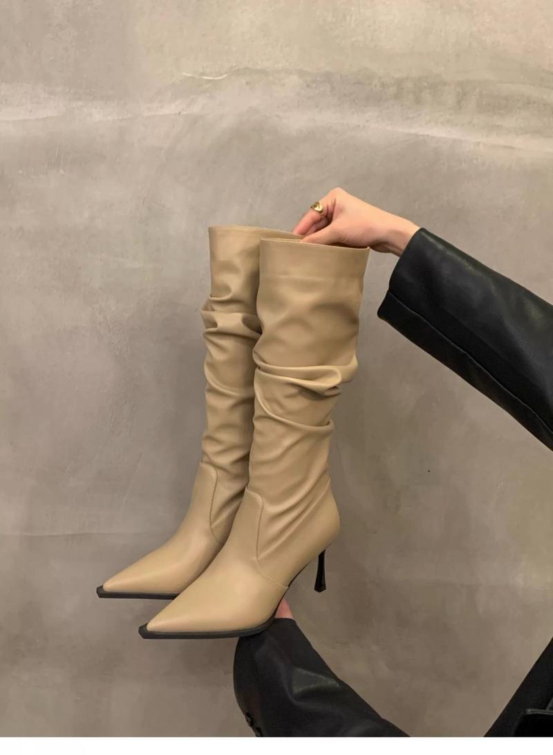 Product Introduction of 2025 Pointed Toe White High-Heeled Western Boots Female Boots New Spring Summer Slimming Pile Style Knight Spring And Autumn Boots 13