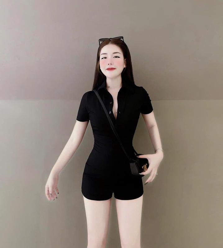 Jumpsuit cổ trụ nút cài tay ngắn chất thun gân co giãn thích hợp mặc đi tiệc đi làm đi chơi bodysuit nữ