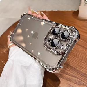 Plating Transparent Casing for iPhone 15 14 13 12 11 Pro Max Case Xs 7 8 Plus Phone Case Transparent with Camera Lens Protector Shockproof Bumper Four-Corner Drop Protection Non-Yellowing Acrylic Cover