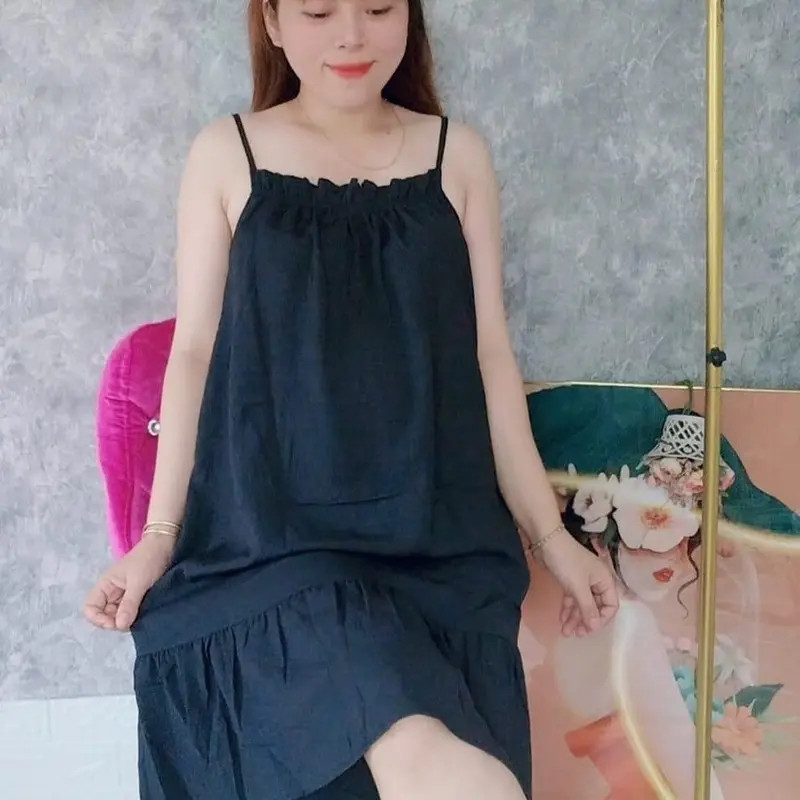 Váy nữ hai dây vải Đũi xốp mềm mát Freesize từ 40-60kg Đầm Women Dress Đỏ Khuy Umi 2