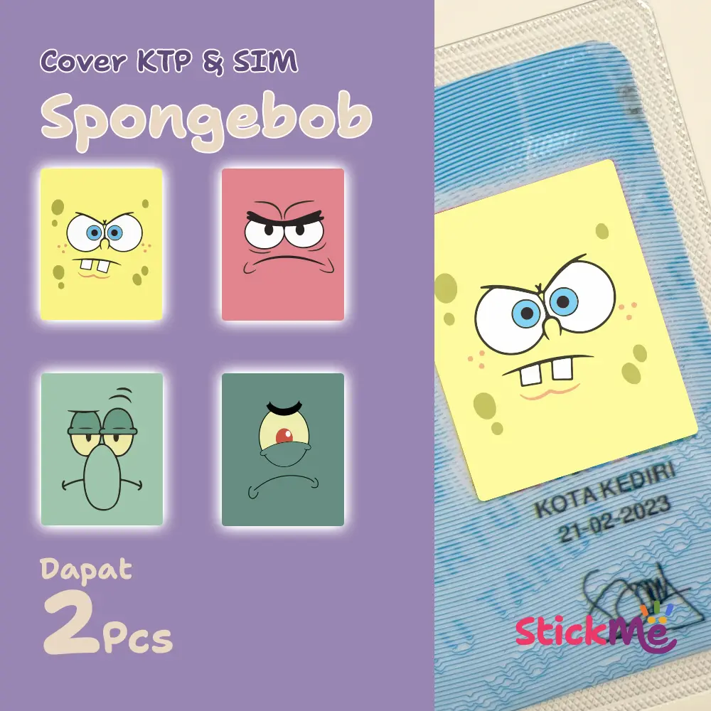 Stickme Cover Sampul KTP & SIM Anti Insecure Karakter Lucu Face Spongebob Dapat 2 Pcs Tahan Air Anti Baret