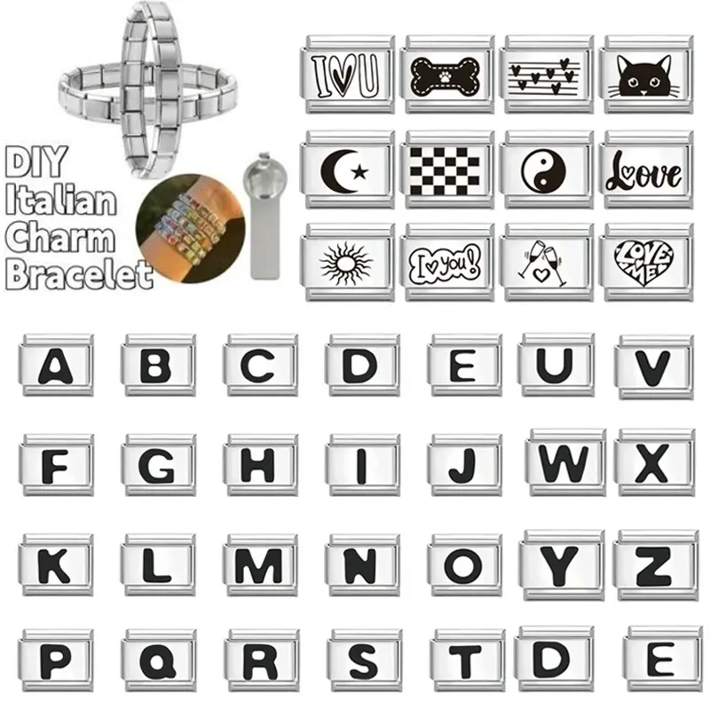 Gelang Pesona Itali, Siri Abjad Hitam, Gelang Keluli Tahan Karat 9mm, Aksesori Membuat DIY, Gelang Modul Personaliti Retro, Sesuai untuk Membuat Aksesori