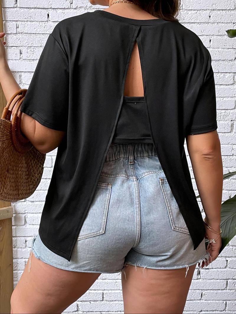 Product Introduction of Plus Size Solid Cut Out Drop Shoulder Tee, Casual Short Sleeve Round Neck T-shirt for Summer, Women's Plus Clothing for Daily Wear 1