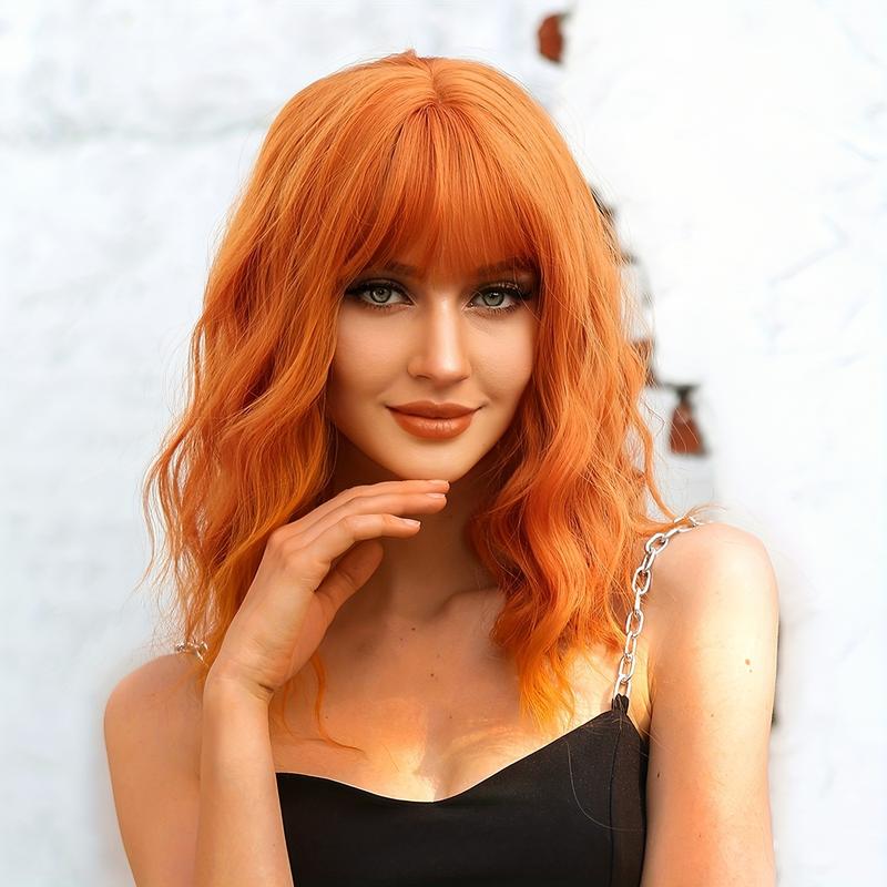 14 Inches Long Curly Orange Wigs with Bangs Synthetic Wigs Women'S Wigs for Daily or Cosplay Use 1