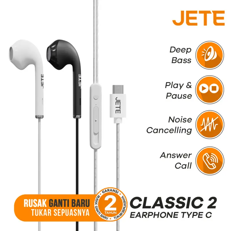 Headset Kabel Murah Extra Bass  Putih Earphone Type C JETE Classic 2 - Garansi 2 Tahun Silver Headphones 1