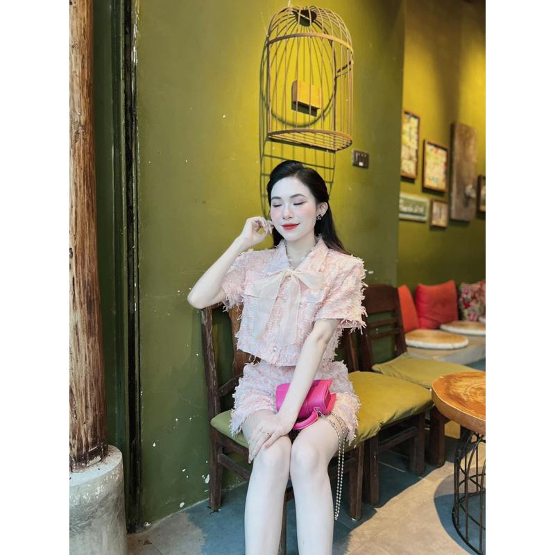 Set bộ nữ croptop dạ hồng hotrend kèm nơ tiểu thư - Hồng Phấn, chất liệu dạ lông, size S M 5