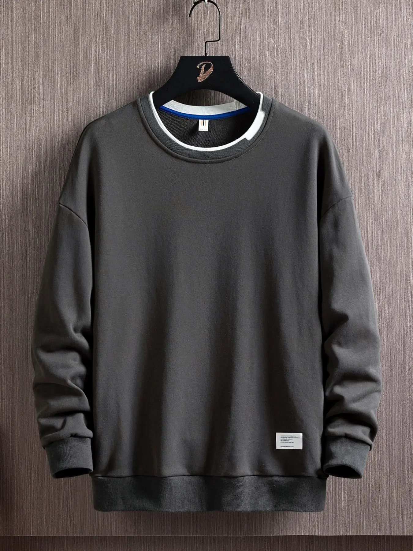 Men's Letter Patched 2 IN 1 Drop Shoulder Sweatshirt, Regular Fit Casual Comfy Long Sleeve Round Neck Pullover for Spring & Fall, Fashion Men's Top for Daily Wear