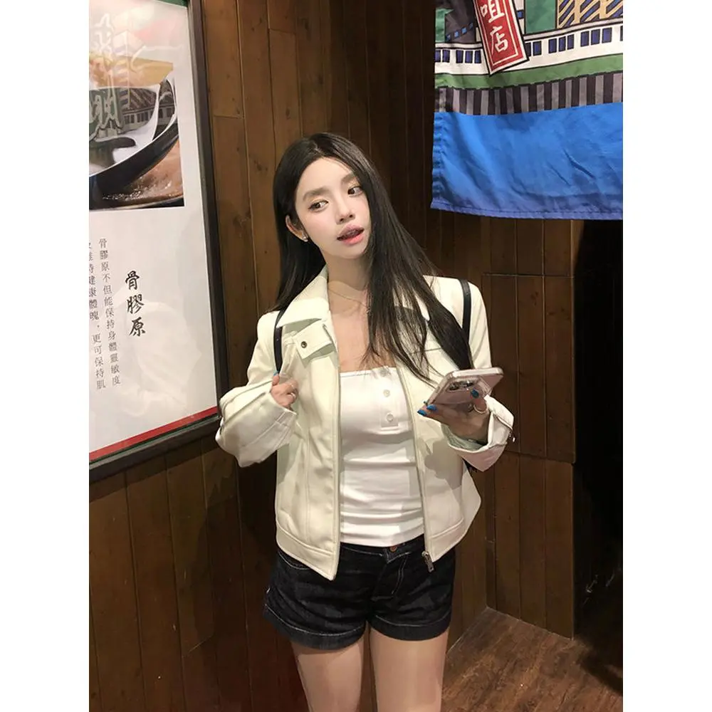 Áo Khoác Da Cropped Xén, Phong Cách Hàn Quốc Của Phụ Nữ, Màu Trơn Hàng Mới Về, Phong Cách Đường Phố, Phong Cách Hip-hop, Áo Khoác Cardigan Mỹ Women Jacket Top