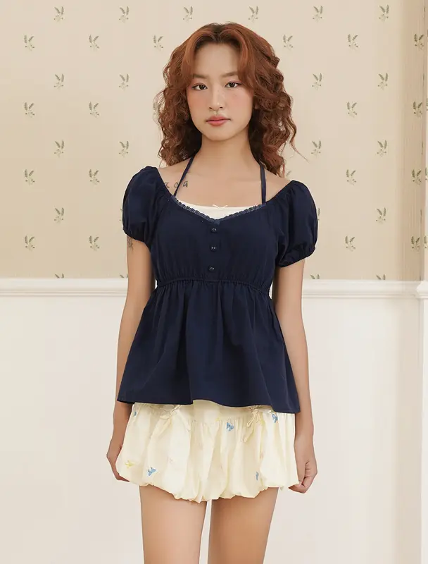 BLEUBIRD Áo nữ vải thô phối thun buộc dây Eugene Top 2