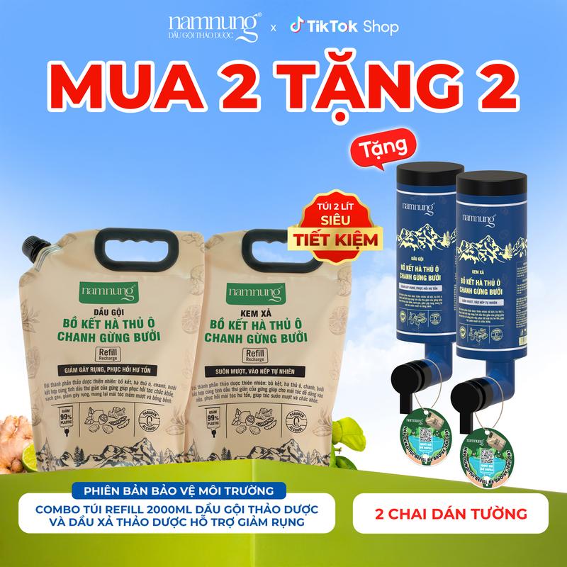[MUA 2 TẶNG 2] (Sắp cháy hàng) Dầu gội thảo dược bồ kết NamNung và dầu xả thảo dược hỗ trợ giảm rụng, suôn mượt Túi refill siêu tiết kiệm nắp vặn 2L Chăm sóc tóc Dưỡng tóc nữ - TẶNG 2 chai dán tường