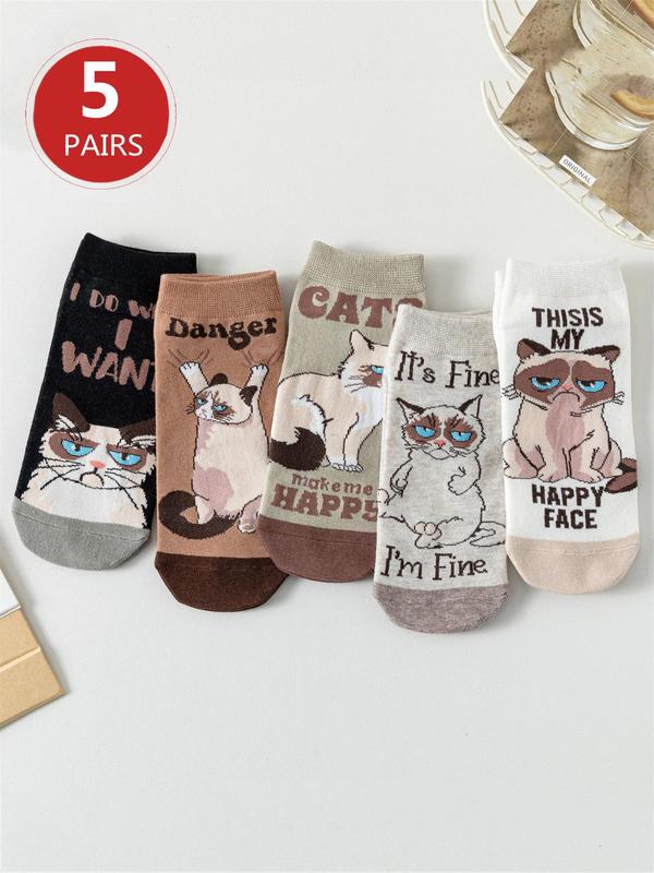 Women's 5 Pairs Cartoon Cat & Letter Print Colorblock Ankle Socks, Cute Comfortable Breathable Low Cut Socks for Daily Wear, Ladies Socks for Spring & Fall 2