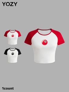 YOZY Women's Billiards Print Round Neck Crop Tee, Casual Short Sleeve Crew Neck T-shirt for Daily Wear, Ladies Clothes for All Seasons