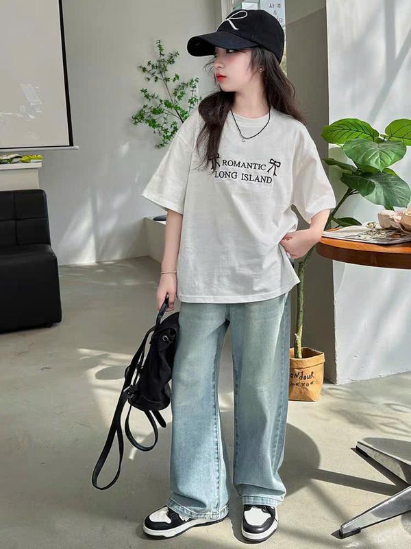 SET BỘ ROMANTIC KIỂU MỚI ÁO PHÔNG RỘNG PHỐI VỚI QUẦN JEAN DÁNG XUÔNG PHONG CÁCH HÀN QUỐC CHO BÉ GÁI Mùa Hè Tối Giản Hiện Đại Có Thể Giặt Máy