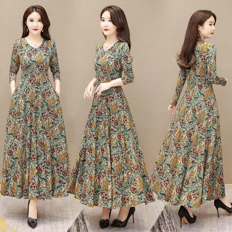 Product Introduction of Váy Hoa Cho Mẹ TRUNG NIÊN, Dành Cho Phụ Nữ, Mùa Xuân Và Mùa Thu, Hàng Mới Về, Thích Hợp Cho Cô Gái Đầy Đặn, Dáng Ôm, Che Bụng, Cổ Chữ V, váy Dài xòe, 2024 9