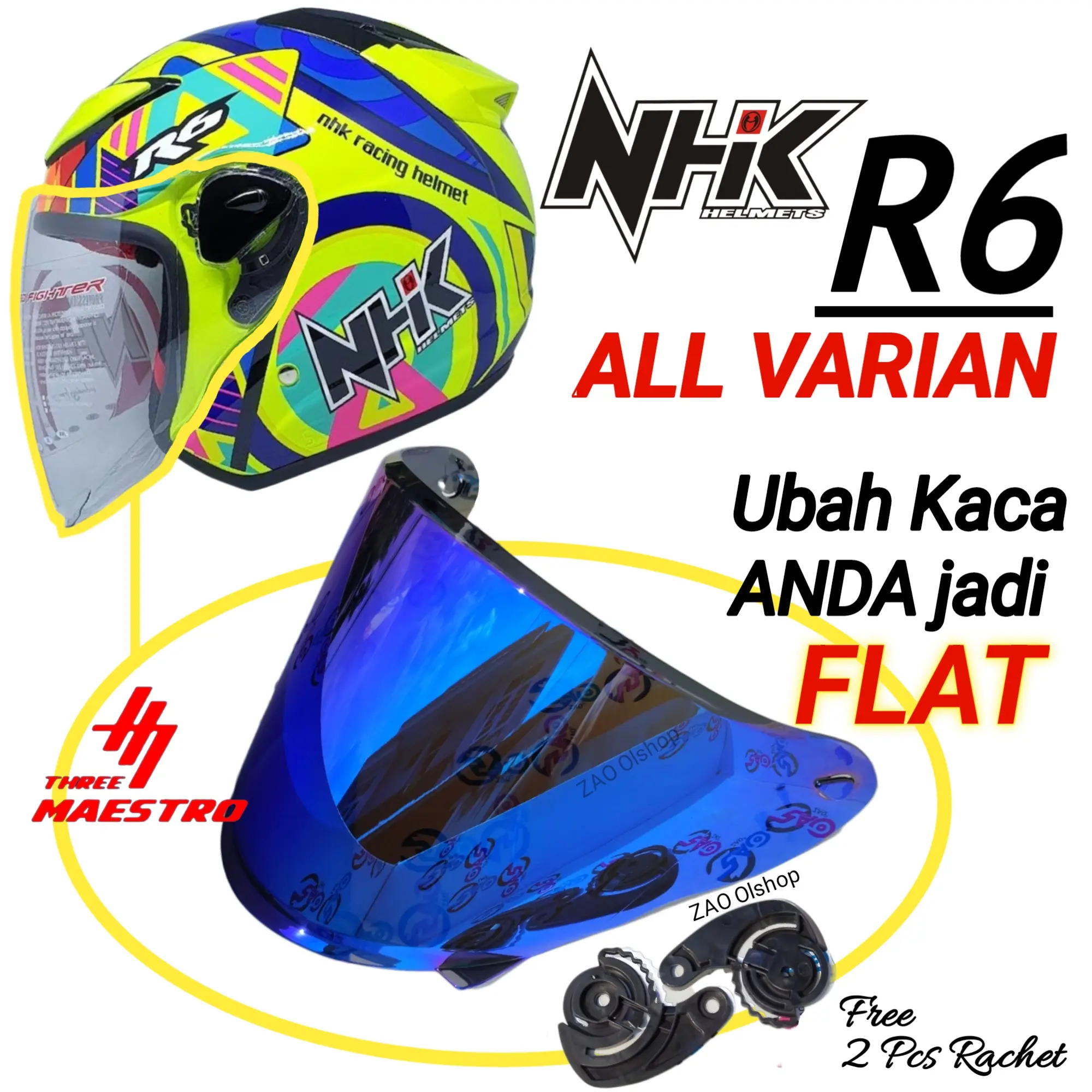 Kaca NHK R6  FLAT | Datar visor bisa dipasang anti fog dan Tear Off Original Three Maestro Kuat hemat murah kualitas eksport anti pecah putih smoke iridium TM1