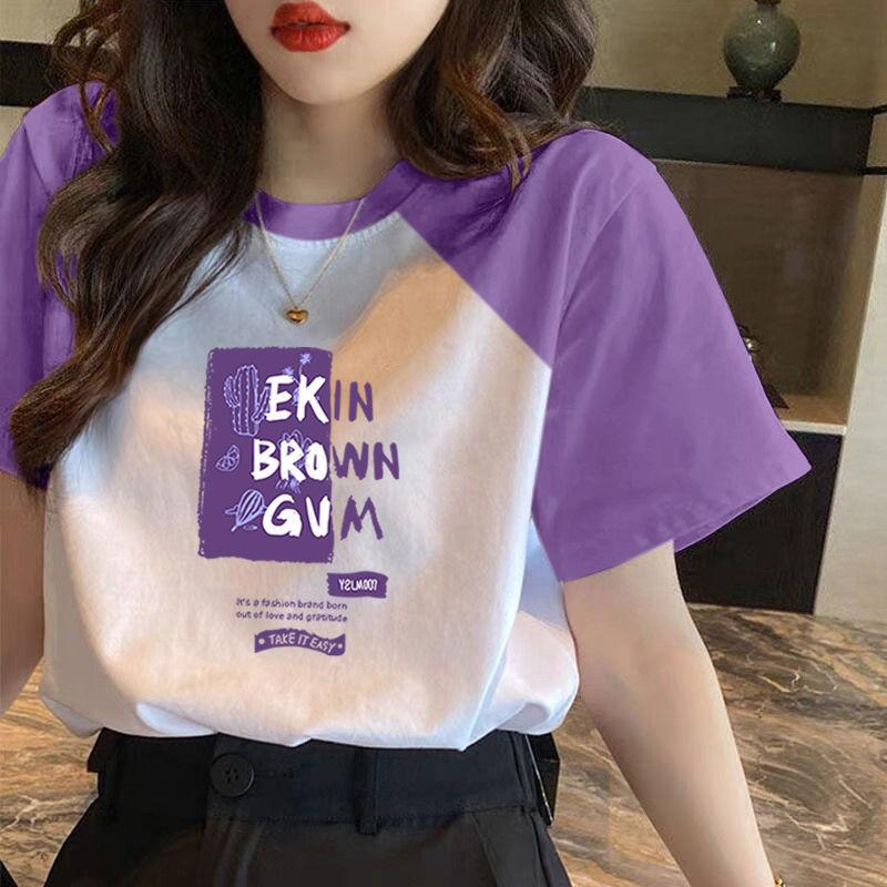 Product Introduction of Summer New Trendy T-shirt Women's Raglan Sleeve Stitching All-Matching Loose Short Sleeve,Womenswear Top Lingerie Lady Comfort Streetwear Crewneck 1