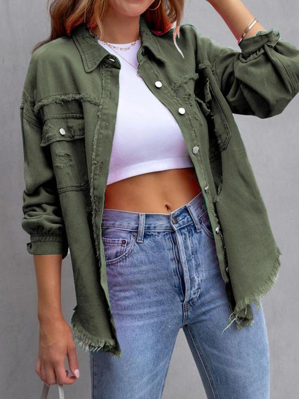 Women's Plain Ripped Raw Hem Button Front Drop Shoulder Coat, Casual Pocket Long Sleeve Collared Outerwear, Airport Outfits, Women's Shacket, Ladies Clothes, Summer Outfits 2024, Coats for Women Womenswear Jackets Tops Comfort Basic Fitted Minimalist 7