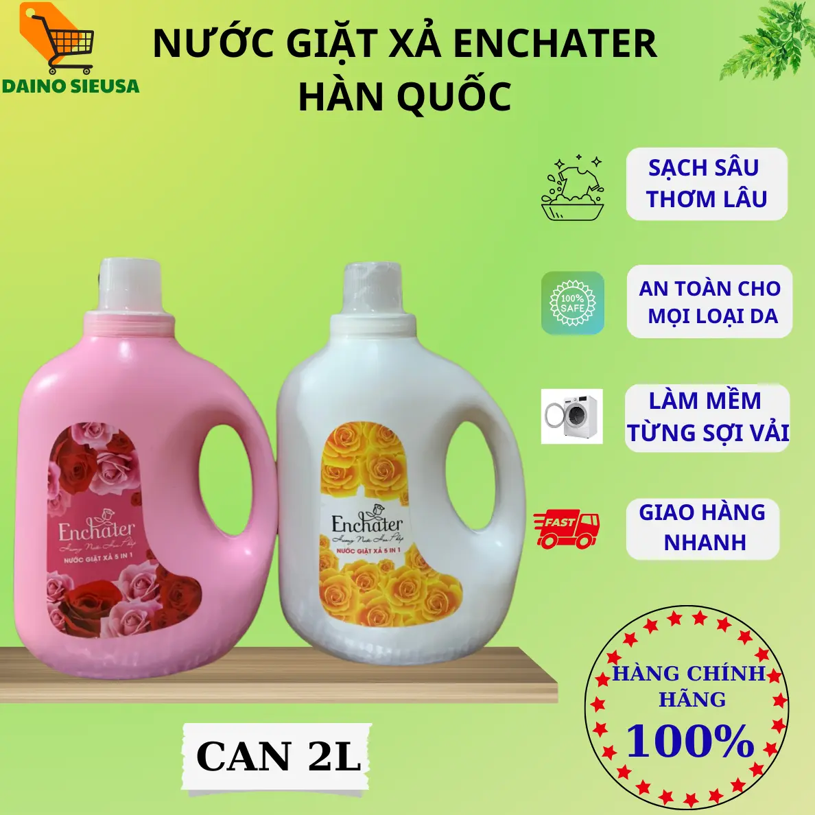 Nước giặt xả Enchater 5in1 hương nước hoa Pháp can 2L, thơm lâu, bền màu, siêu sạch ylang không gây dị ứng Làm Sạch