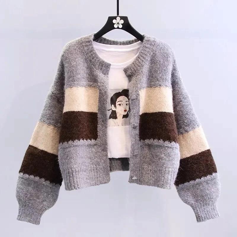Product Introduction of Multicolor striped lantern sleeve knit loose single breasted women's cardigan sweater coat for women clothing Autumn Winter Knitwear Womenswear 17