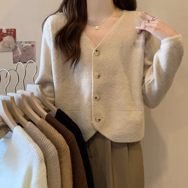 Áo Khoác Cardigan Dệt Kim, Thiết Kế Cổ Chữ V, Dài Tay, Dành Cho Nữ, Thích Hợp Cho Mùa Xuân Và Mùa Thu, Sang Trọng Độc Đáo, Dáng Rộng Vừa Vặn, Cạp Cao, Áo Crop Top