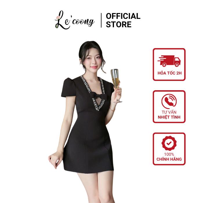  Váy Thiết Kế Cổ V Viền Đá LECOONG V798  CÓ BIGSIZE  Đầm Tiểu Thư Hai Màu Đen Trắng Đi Tiệc Sang Chảnh 