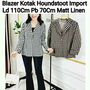 Blazer wanita kotak Houndstoot hitam Outer Cardi putih coklat Bahan Linen Import/ blazer kantor Wanita
