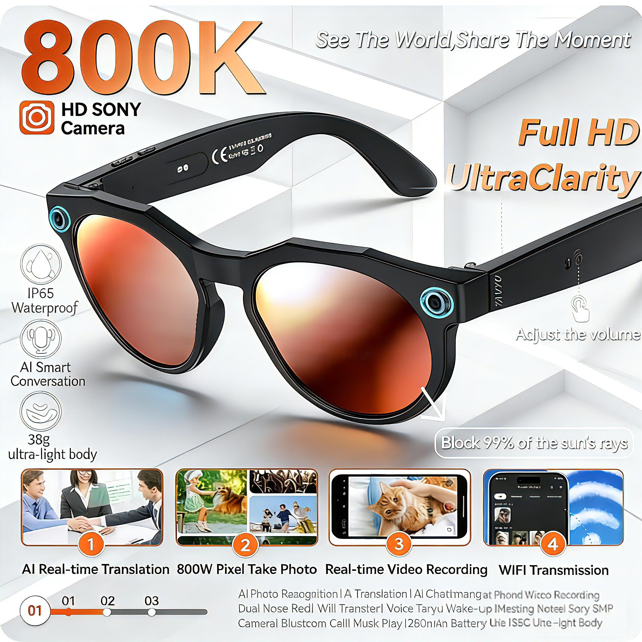 2026 8K AI Smart Glasses With 100MP Camera Chat GPT Touch Sport Sunglasses Bluetooth Call Video Music Player For Men Women