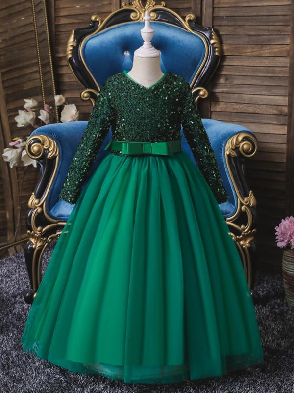 Girl's Long Sleeve V Neck Sequin Dress, Bow Front Fit & Flare Party Dress For Formal Occasions, Kids Clothes, Fashion Girl's Ball Gown For Spring & Fall 1