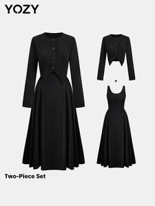 YOZY Women's Solid Button Front Asymmetrical Hem Outerwear & Scoop Neck Tank Dress Two-piece Set, Elegant Fashion Two Piece Outfits for Daily Outdoor Wear, Women's Clothes for Spring Fall