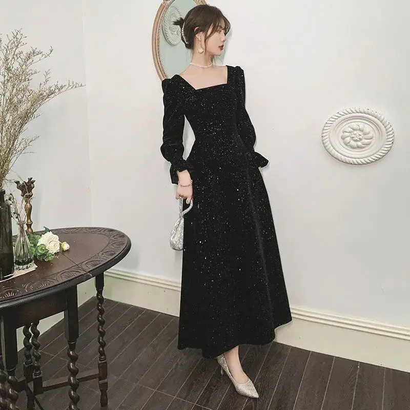 Bộ Đồ Ăn, Hàng Mới Về Mùa Thu Và Mùa Đông, Dài Và Thanh Lịch, Cổ Vuông, Váy Màu Đỏ Rượu Vang, Eo Bó Sát, Thích Hợp Mặc Hàng Ngày, Phong Cách Thanh Lịch 8